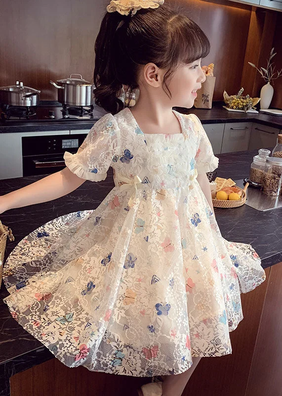 Cute Beige Ruffled Butterfly Patchwork Lace Baby Girls Dress Summer Ends Soon