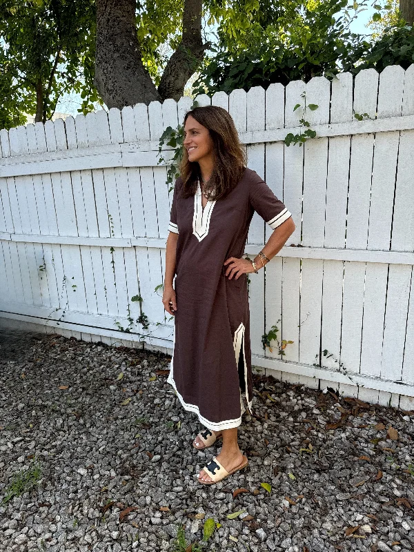 Linann Midi Dress Short Sleeve Brown with Off White Trim Fashion For Every Occasion