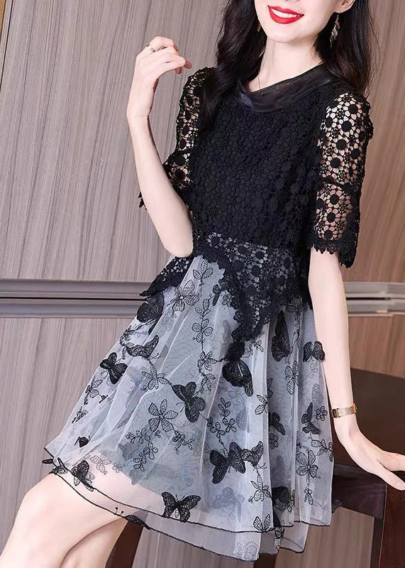 Italian Black Embroideried Hollow Out Lace Patchwork Tulle Dresses Summer Fashion Deal