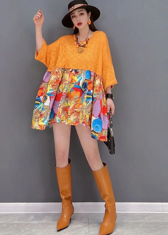 Modern Orange O-Neck Patchwork Print Loose Mid Dress Bracelet Sleeve Stylish Looks