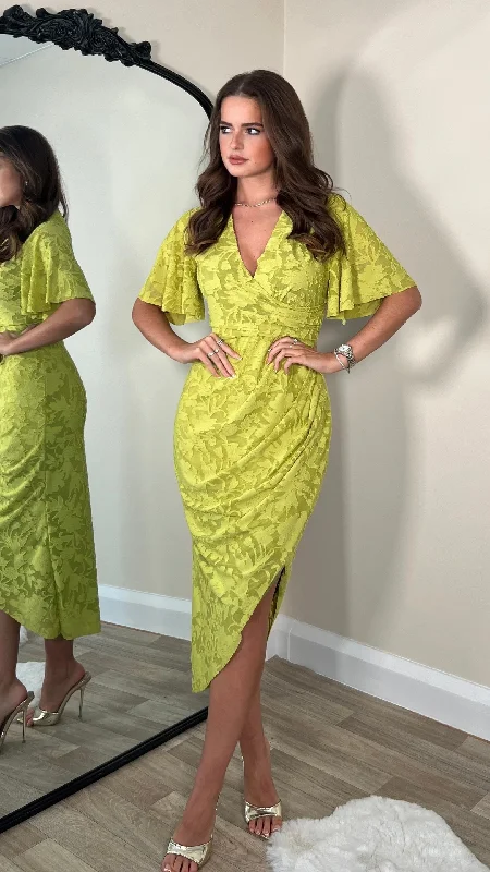 Cyprian Lime Green Angel Sleeve Wrap Midi Dress Fashion Forward Style