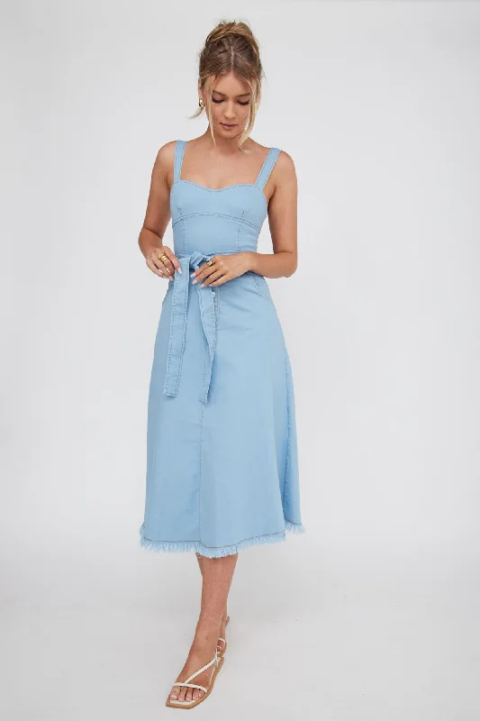 Zenyl Raw Hem Midi Dress Blue Feminine Flow