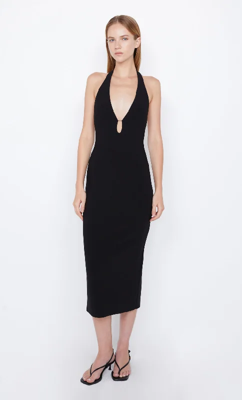 ELVIE HALTER  MIDI DRESS - BLACK Top Deals