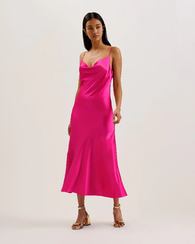 Tunca Satin Cowl Neck Evening Midi Dress Brt-Pink Best Deals Of The Season