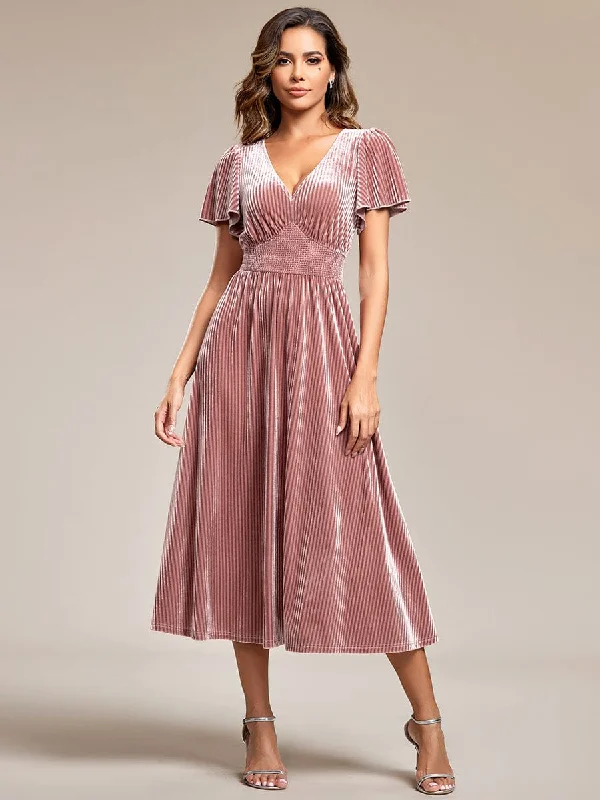 Graceful V-Neck Waist Design Short Sleeves Fall Velvet Midi Bridesmaid Dress Flash Sale Fever