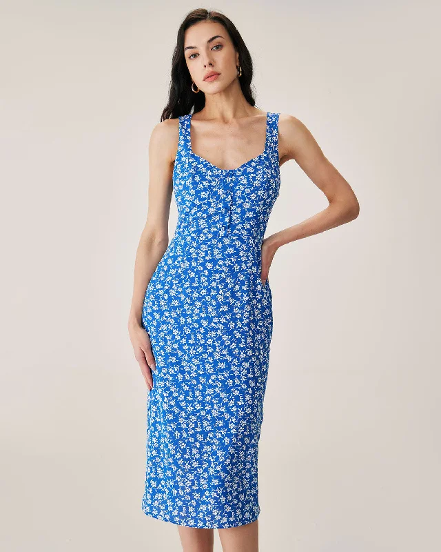 Blue Floral Slit Slip Midi Dress Evening Elegance