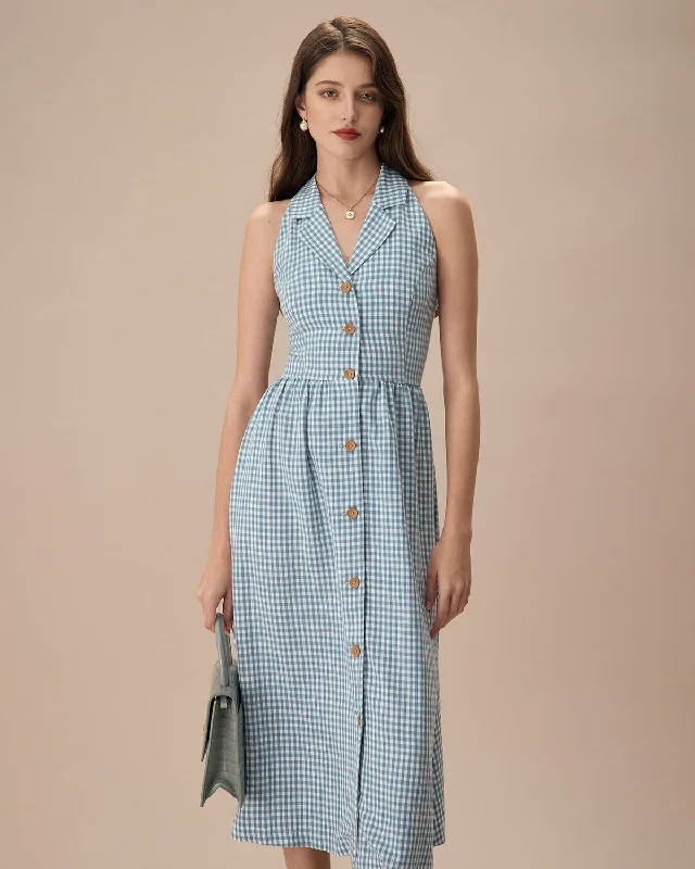 The Blue Lapel Plaid Sleeveless Shirt Midi Dress New Arrivals