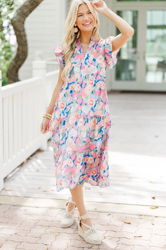 Bright Days Ahead Blue Peach Combo Midi Dress Premium Style