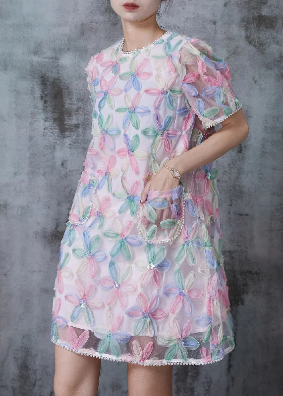 Chic Rainbow Puff Sleeve Floral Tulle Tea Dress Summer Tropical Island - Inspired Attire