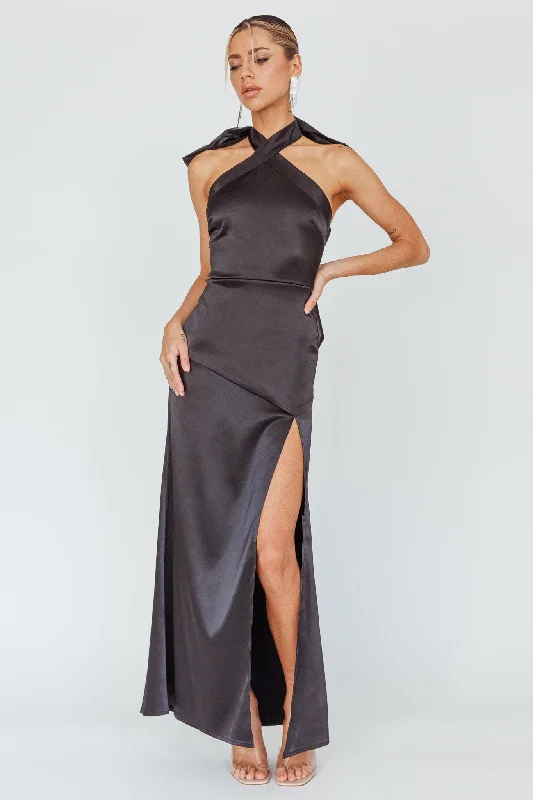 Andria Halterneck Bow Satin Maxi Dress Black Trendy Threads