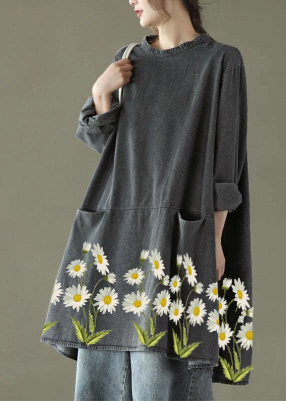 Boho Black Grey-yellow flower O-Neck Pockets Denim Long Dresses Long Sleeve Break Fashion Norms