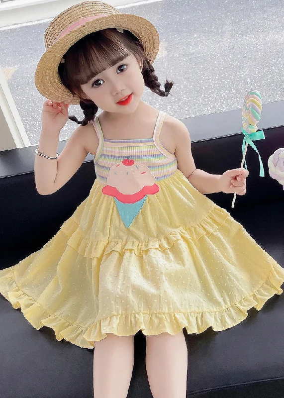 Chic Yellow Embroideried Ruffled Patchwork Girls Slip Mid Dress Sleeveless Exclusive Discount