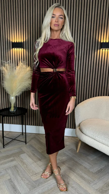 Saskia Burgundy Cut Out Detail Midi Dress Limited Time Offers