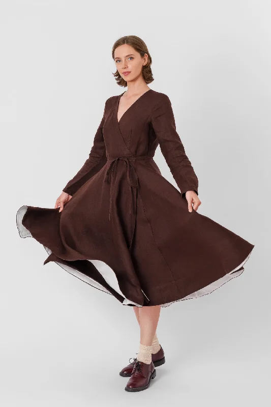 Wrap Dress, Long Sleeve, Twill Linen, Espresso Brown Fashion Deal