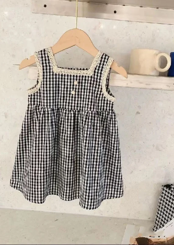 Handmade Black Square Collar Plaid Lace Patchwork Cotton Kids Mid Dress Sleeveless Chic Outfits