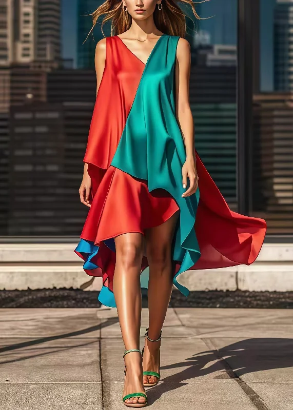 Stylish Colorblock Asymmetrical Patchwork Silk Dress Summer Sophisticated Outfits