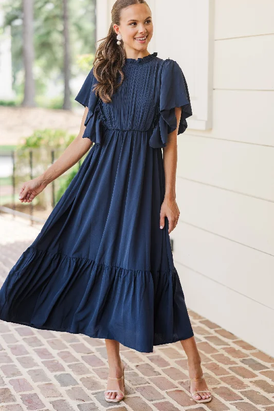 All The Good Navy Blue Ruffled Midi Dress Versatile Wardrobe Essentials