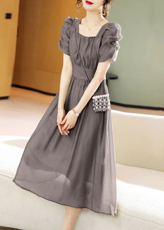 New Grey Lace Up Patchwork Chiffon Dress Short Sleeve Latest Fashion