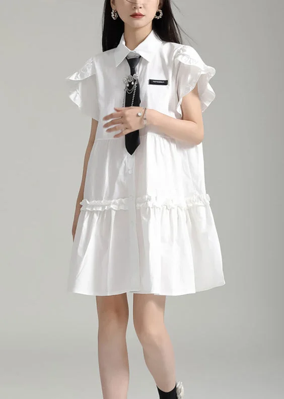 Art White Peter Pan Collar Ruffled Patchwork Cotton Shirts Dress Summer End Of Season Sale