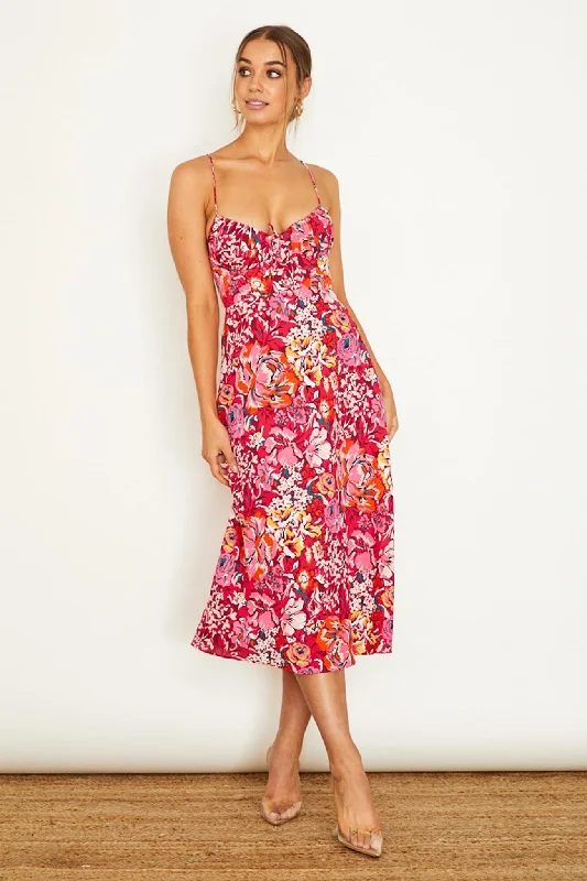 Malibu Gathered Bust Cami Strap Midi Dress Floral Red Brand Name Clothing Discount Extravaganza