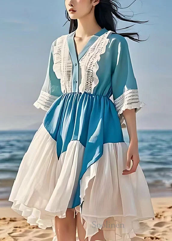 Diy Sea Blue V Neck Patchwork Lace Linen Mid Dress Summer Trendy Women's Wear Collection