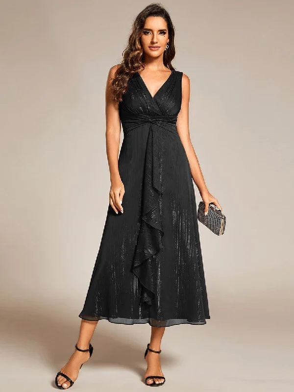 Glitter Sleeveless A-Line Midi Wedding Guest Dress with Ruffled Hem Soft Textures