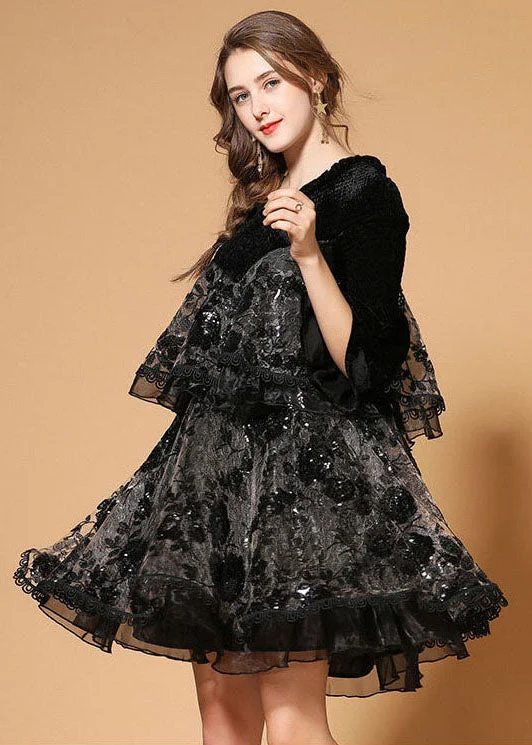 Black Patchwork Silk Velour Holiday Dress Sequins Nail bead Half Sleeve Elegant Style