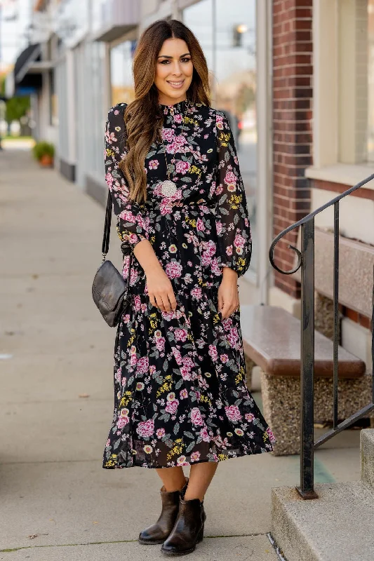 Blossoming Buds Long Sleeve Midi Dress Holiday Glam