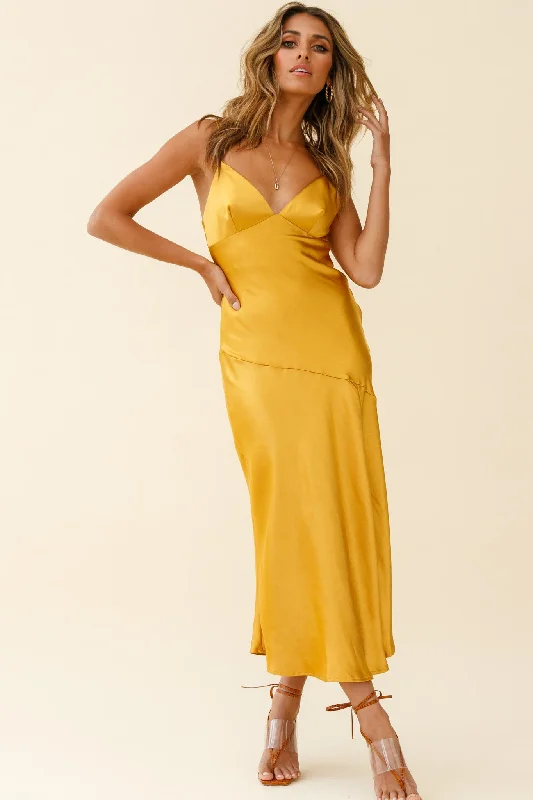 Downtown Cami Strap Front Split Midi Dress Mustard Enjoy Discount