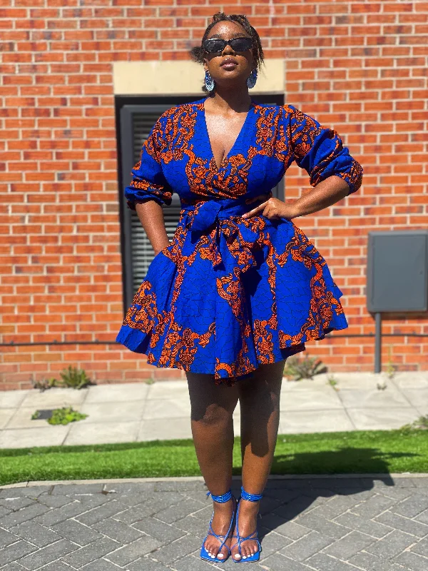 Bekky Ankara Mini Dress | Blue and Orange African Print Fashion Forward