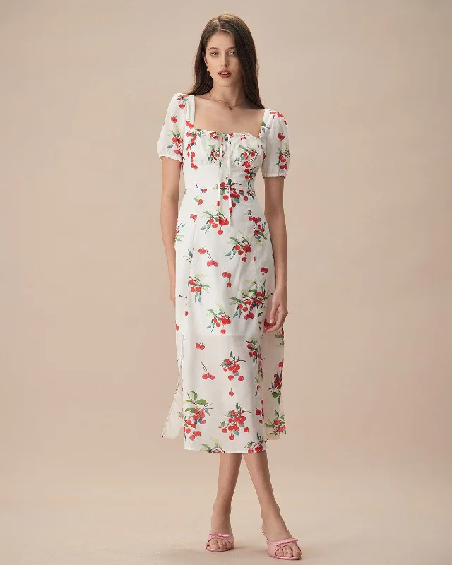 The White Puff Sleeve Cherry Split Midi Dress Father's Day Deals