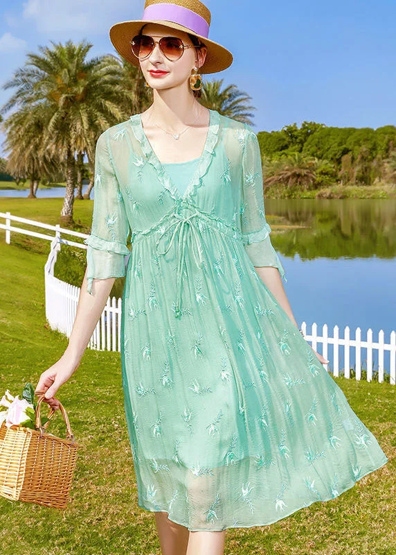 Fashion Light Green Embroideried Patchwork Tie Waist Silk Dresses Half Sleeve Fashion Forward Femininity