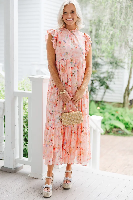 This Is The Way Coral Orange Ditsy Floral Midi Dress Mega Sale