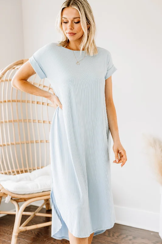 It's All Here Light Blue Ribbed Midi Dress Playful Elegance