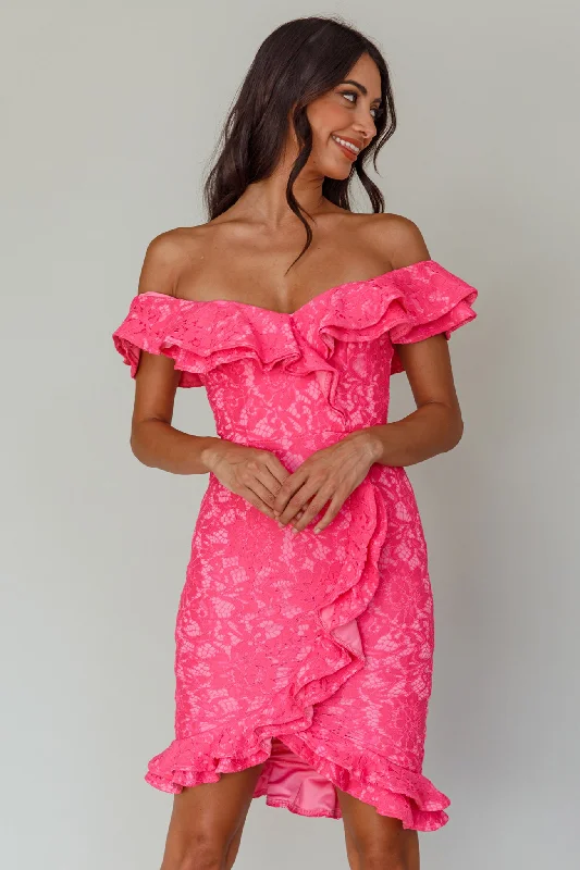 Rossi Off-Shoulder Double Ruffle Lace Dress Hot Pink Luxury Fashion