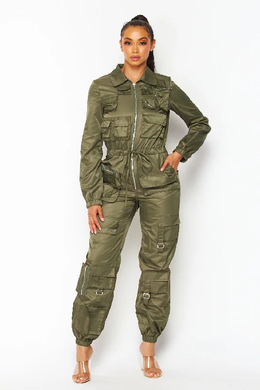 Laura Nylon Cargo Pocket Zip Up Jogger Jumpsuit Refined Look