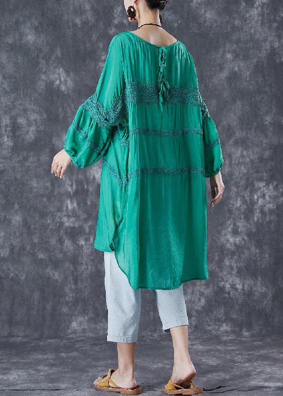 Green Patchwork Cotton Maxi Dresses Oversized Puff Sleeve Feminine Allure