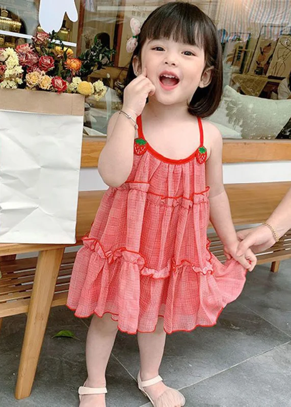 Classy Red Plaid Ruffled Patchwork Kids Chiffon Girls Slip Mid Dress Sleeveless Stylish Looks