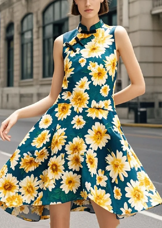 Chinese Style Blackish Green Chrysanthemum Print Silm Fit Dress Summer Versatile Outfits