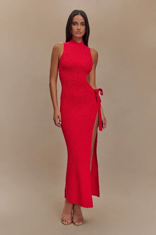 Stephanie Cut Out Knit Maxi Dress - Red Seasonal Trend