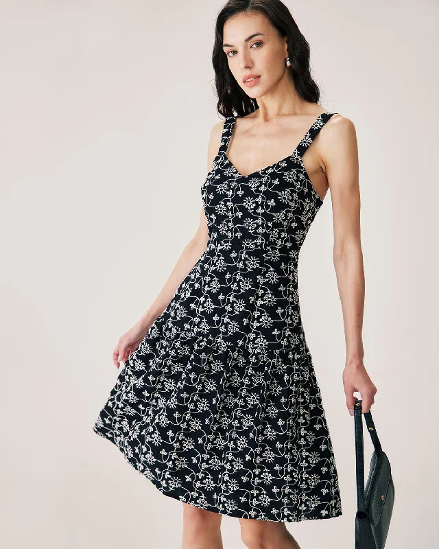 Black Floral Embroidery Slip Midi Dress Low Price Special