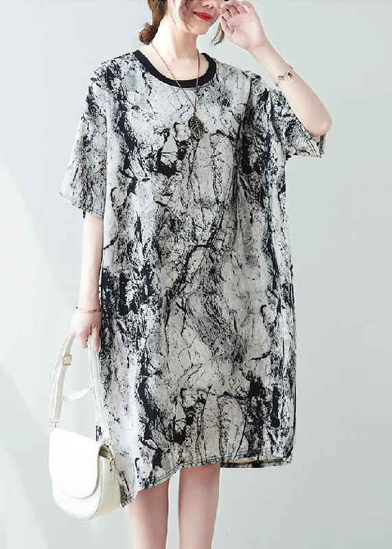 Vintage Oversized Ink And Wash Chiffon Mid Dress Summer Elegant Simplicity Wardrobe