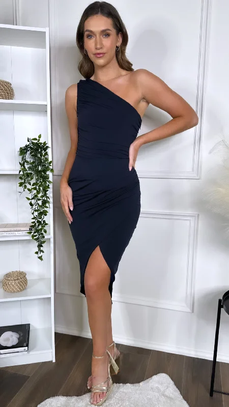 Rochelle Navy One Shoulder Draped Wrap Skirt Midi Dress Style Redefined