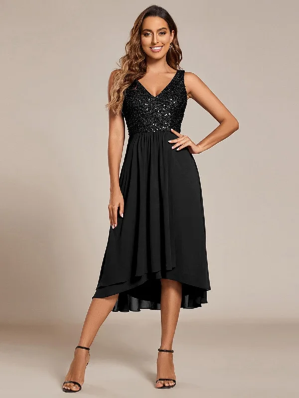 Chic V-Neck Sleeveless Chiffon Wedding Guest Dress with Sequin Bodice Spring Wardrobe