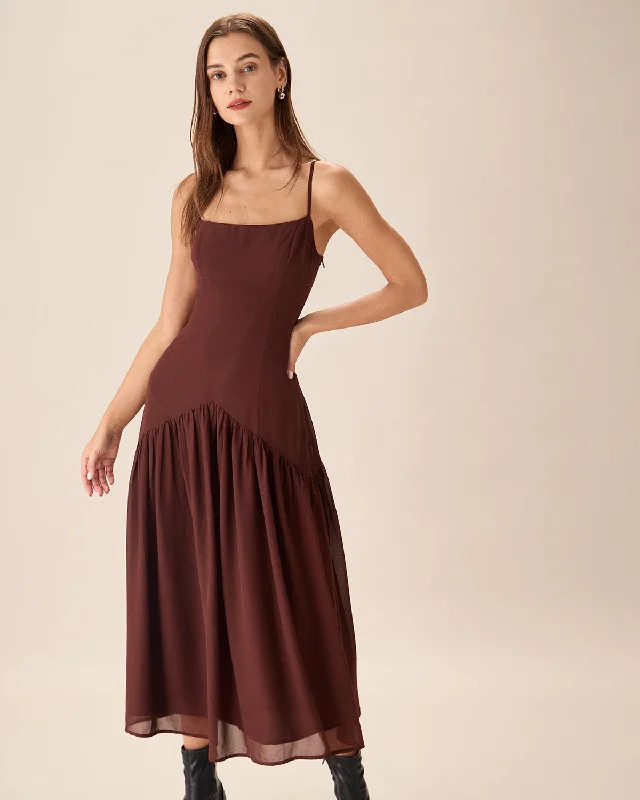 Brown Chiffon Ruched Slip Midi Dress Massive Selection Sale