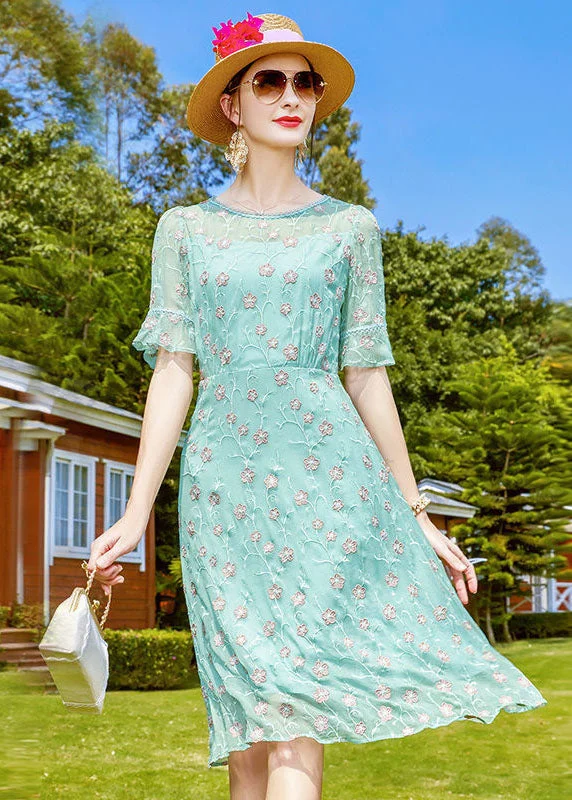 Beautiful Light Green O-Neck Embroideried Silk Mid Dresses Short Sleeve Clearance Event