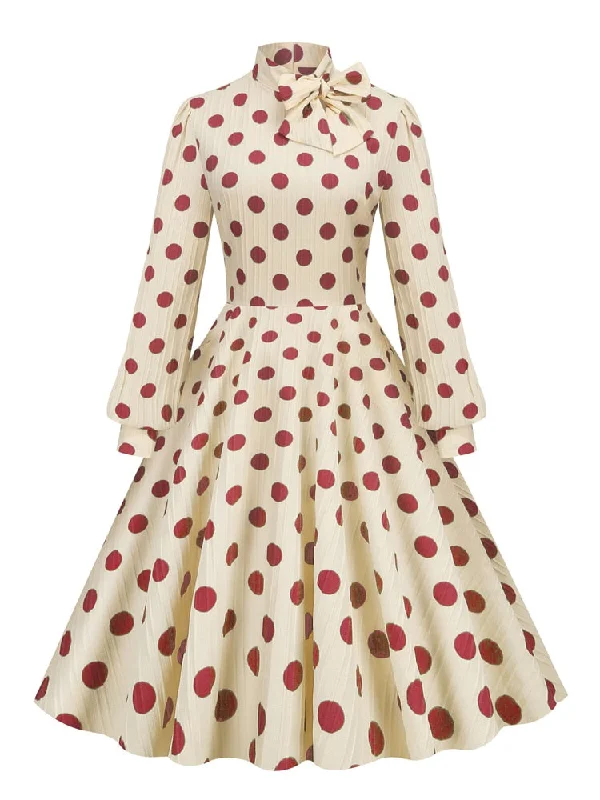 BerriesJam - Bishop Sleeve Vintage Polka Dot Print Elegant Midi Dress Designer Wear On Sale