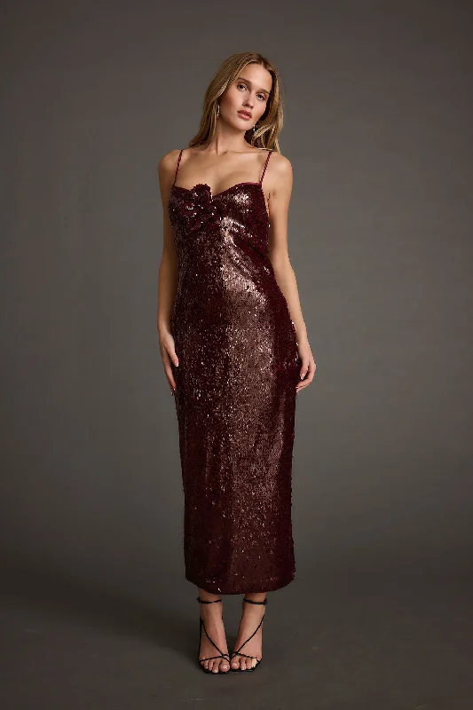 All For You Merlot Sequin Rosette Midi Dress Romantic Date - Night Ensemble