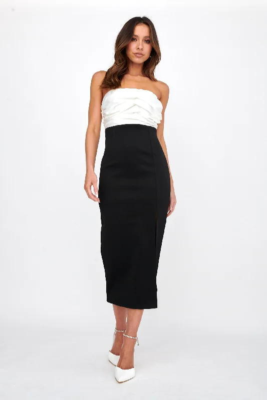 Brandi Strapless Split Midi Dress White/Black Durable Fashion Picks