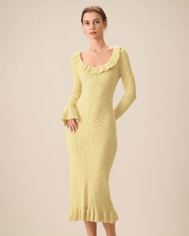 Yellow U-Neck Ruffle Bodycon Sweater Dress Classic Women's Fashion